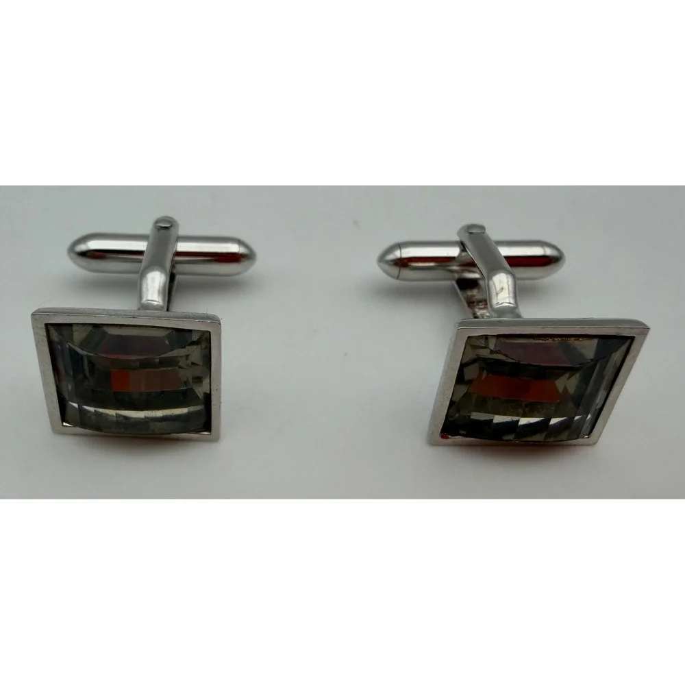 Swank Vintage Mens Smoky Grey Glass Silver Tone Rectangular Cufflinks Q008